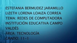 ESTEFANIA BERMUDEZ JARAMILLO
LIZETH LORENA LOAIZA CORREA
TEMA: REDES DE COMPUTADORA
INSTITUCIÓN EDUCATIVA CAMPO
VALDÉS
ÁREA: TECNOLOGÍA
GRADO: 11-1
 