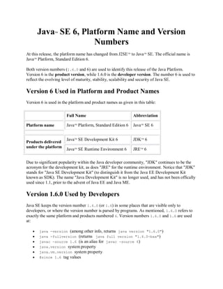 Java SE 6, Platform Name and Version
                TM




                    Numbers
At this release, the platform name has changed from J2SETM to JavaTM SE. The official name is
JavaTM Platform, Standard Edition 6.

Both version numbers (1.6.0 and 6) are used to identify this release of the Java Platform.
Version 6 is the product version, while 1.6.0 is the developer version. The number 6 is used to
reflect the evolving level of maturity, stability, scalability and security of Java SE.

Version 6 Used in Platform and Product Names
Version 6 is used in the platform and product names as given in this table:


                       Full Name                             Abbreviation

Platform name          JavaTM Platform, Standard Edition 6   JavaTM SE 6


                       JavaTM SE Development Kit 6           JDKTM 6
Products delivered
under the platform
                       JavaTM SE Runtime Environment 6       JRETM 6


Due to significant popularity within the Java developer community, "JDK" continues to be the
acronym for the development kit, as does "JRE" for the runtime environment. Notice that "JDK"
stands for "Java SE Development Kit" (to distinguish it from the Java EE Development Kit
known as SDK). The name "Java Development Kit" is no longer used, and has not been offically
used since 1.1, prior to the advent of Java EE and Java ME.

Version 1.6.0 Used by Developers
Java SE keeps the version number 1.6.0 (or 1.6) in some places that are visible only to
developers, or where the version number is parsed by programs. As mentioned, 1.6.0 refers to
exactly the same platform and products numbered 6. Version numbers 1.6.0 and 1.6 are used
at:

       java -version (among other info, returns java version "1.6.0")
       java -fullversion (returns java full version "1.6.0-bxx")
       javac -source 1.6 (is an alias for javac -source 6)
       java.version system property
       java.vm.version system property
       @since 1.6 tag values
 