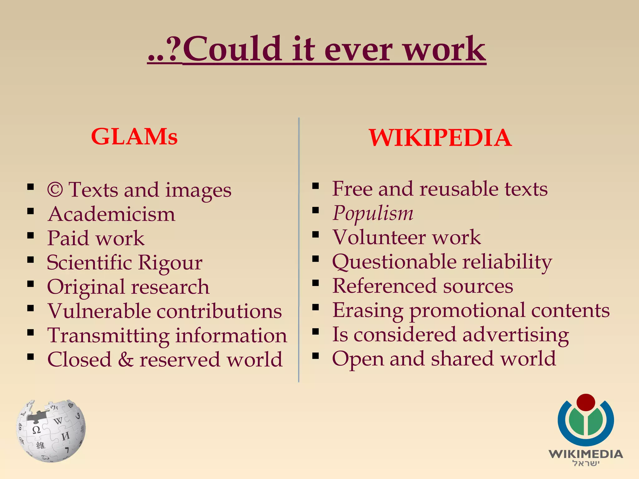 ..?Could it ever work
GLAMs









© Texts and images
Academicism
Paid work
Scientific Rigour
Original research
Vulnerable contributions
Transmitting information
Closed & reserved world

WIKIPEDIA









Free and reusable texts
Populism
Volunteer work
Questionable reliability
Referenced sources
Erasing promotional contents
Is considered advertising
Open and shared world

 