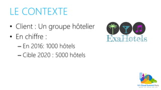 LE CONTEXTE
• Client : Un groupe hôtelier
• En chiffre :
– En 2016: 1000 hôtels
– Cible 2020 : 5000 hôtels
 