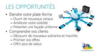 LES OPPORTUNITÉS
• Étendre votre plate-forme
– Ouvrir de nouveaux canaux
– Améliorer votre visibilité
– Présenter une façade uniforme
• Comprendre vos clients
– Découvrir de nouveaux scénarios et marchés
– Prioriser vos offres
– Offrir plus de valeur
 