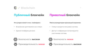 /
Реестр валидаторов транзакций ограничен:
• Стимул находится вне рамок системы
• Доступ к информации контролируется
участниками системы
Кто угодно может стать «майнером»:
• Встроенная криптовалюта как стимул
• Единая платформа для всех
Приватный блокчейнПубличный блокчейн
7Blockchain
Безопасность: высокая
Производительность: низкая
Безопасность: низкая
Производительность: высокая
 