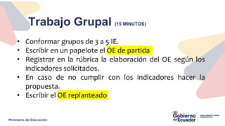 Trabajo Grupal (15 MINUTOS)
• Conformar grupos de 3 a 5 IE.
• Escribir en un papelote el OE de partida
• Registrar en la rúbrica la elaboración del OE según los
indicadores solicitados.
• En caso de no cumplir con los indicadores hacer la
propuesta.
• Escribir el OE replanteado
 