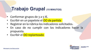 Trabajo Grupal (15 MINUTOS)
• Conformar grupos de 3 a 5 IE.
• Escribir en un papelote el OO de partida
• Registrar en la rúbrica los indicadores solicitados.
• En caso de no cumplir con los indicadores hacer la
propuesta.
• Escribir el OO replanteado
 