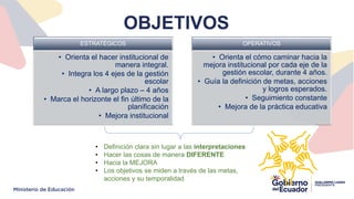 OBJETIVOS
ESTRATÉGICOS
• Orienta el hacer institucional de
manera integral.
• Integra los 4 ejes de la gestión
escolar
• A largo plazo – 4 años
• Marca el horizonte el fin último de la
planificación
• Mejora institucional
OPERATIVOS
• Orienta el cómo caminar hacia la
mejora institucional por cada eje de la
gestión escolar, durante 4 años.
• Guía la definición de metas, acciones
y logros esperados.
• Seguimiento constante
• Mejora de la práctica educativa
• Definición clara sin lugar a las interpretaciones
• Hacer las cosas de manera DIFERENTE
• Hacia la MEJORA
• Los objetivos se miden a través de las metas,
acciones y su temporalidad
 