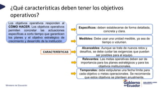 Ministerio de Educación
¿Qué características deben tener los objetivos
operativos?
Los objetivos operativos responden al
CÓMO HACER. Los objetivos operativos
permiten concretar las actuaciones
específicas a corto tiempo que garanticen
los planes y el objetivo estratégico de
crecimiento y desarrollo de la institución
CARACTERÍSTICAS
Medibles: Debe usar una unidad medible, ya sea de
tiempo o volumen.
Alcanzables: Aunque se trate de nuevos retos y
desafíos, se debe cuidar las exigencias que puedan
ser posibles para el equipo.
Relevantes: Las metas operativas deben ser de
importancia para los planes estratégicos y para los
objetivos institucionales.
Temporales: debe estipularse una fecha límite para
cada objetivo o metas operacionales. Se recomienda
que estos objetivos se planteen anualmente.
Específicos: deben establecerse de forma detallada,
concreta y clara.
 