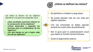 Ministerio de Educación
¿Cómo se definen las metas?
Las metas se alinean con los objetivos
operativos y se guían por preguntas como:
• ¿Qué resultados queremos obtener en
la consecución de los objetivos?
• ¿Cómo desarrollar y organizar las
acciones para el cumplimiento de los
objetivos?
• ¿En qué tiempo se van a lograr cada
uno de los objetivos?
• Se planifican a mediano y largo plazo
• Se puede plantear más de una meta por
objetivo operativo.
• Una vez priorizadas se deben ejecutar
durante los cuatro años de planificación.
• Son la guía para la autoevaluación anual
que realice el Comité Central Colmena.
• Guían el seguimiento externo.
 