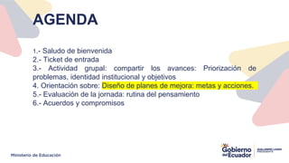 AGENDA
1.- Saludo de bienvenida
2.- Ticket de entrada
3.- Actividad grupal: compartir los avances: Priorización de
problemas, identidad institucional y objetivos
4. Orientación sobre: Diseño de planes de mejora: metas y acciones.
5.- Evaluación de la jornada: rutina del pensamiento
6.- Acuerdos y compromisos
 
