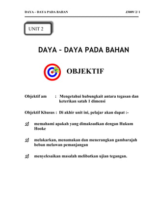 DAYA – DAYA PADA BAHAN                                  J3009/ 2/ 1




  UNIT 2



       DAYA – DAYA PADA BAHAN

                       OBJEKTIF


Objektif am     : Mengetahui hubungkait antara tegasan dan
                  keterikan satah 1 dimensi

Objektif Khusus : Di akhir unit ini, pelajar akan dapat :-

    memahami apakah yang dimaksudkan dengan Hukum
     Hooke

    melakarkan, menamakan dan menerangkan gambarajah
     beban melawan pemanjangan

    menyelesaikan masalah melibatkan ujian tegangan.
 