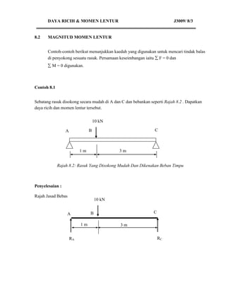 DAYA RICIH & MOMEN LENTUR                                          J3009/ 8/3


8.2    MAGNITUD MOMEN LENTUR


       Contoh-contoh berikut menunjukkan kaedah yang digunakan untuk mencari tindak balas
       di penyokong sesuatu rasuk. Persamaan keseimbangan iaitu  F = 0 dan
        M = 0 digunakan.



Contoh 8.1


Sebatang rasuk disokong secara mudah di A dan C dan bebankan seperti Rajah 8.2 . Dapatkan
daya ricih dan momen lentur tersebut.


                                   10 kN

                 A             B                                C



                          1m                 3m


             Rajah 8.2: Rasuk Yang Disokong Mudah Dan Dikenakan Beban Timpu



Penyelesaian :

Rajah Jasad Bebas
                                   10 kN


                  A            B                               C

                          1m                 3m


                     RA                                            RC
 