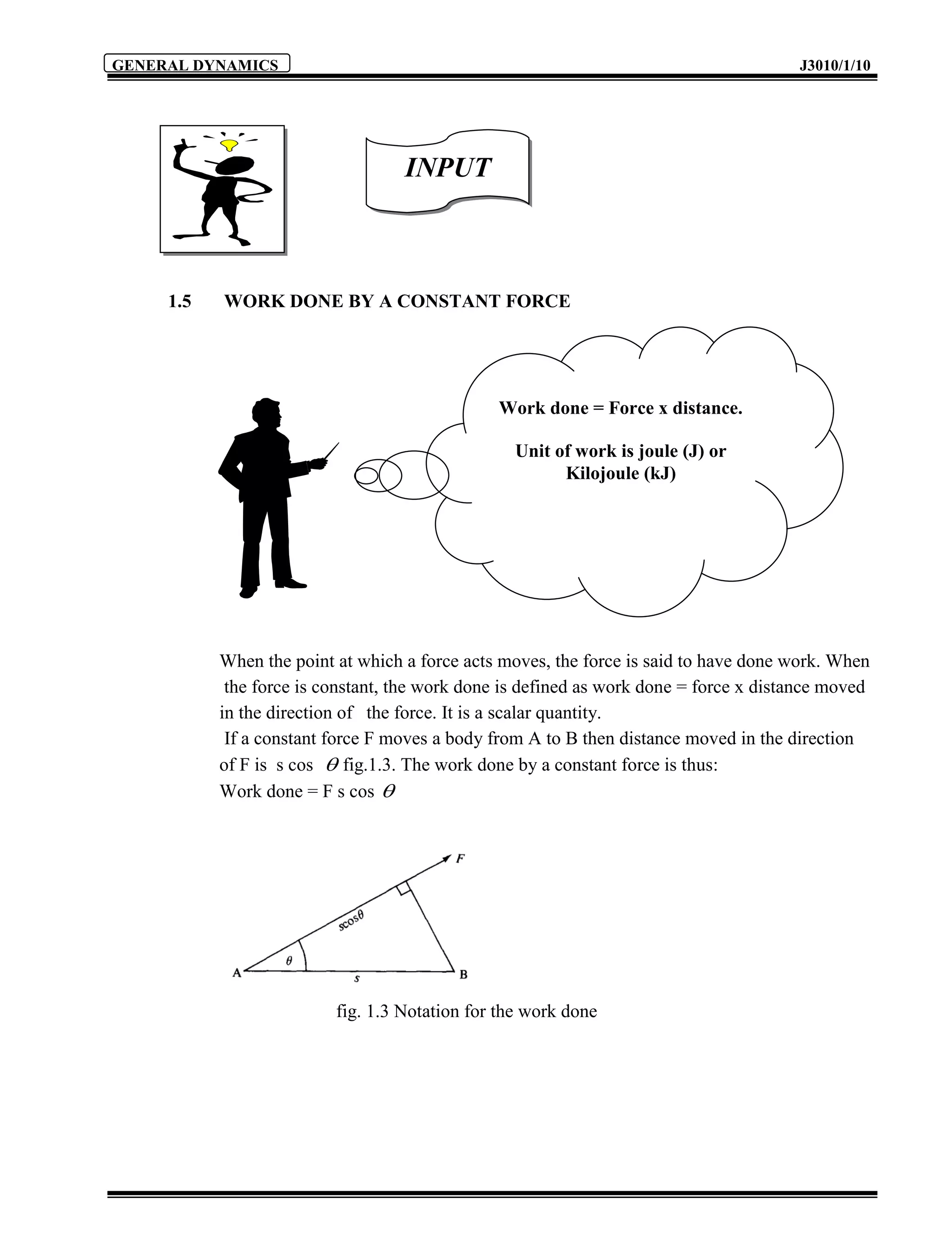 GENERAL DYNAMICS                                                                       J3010/1/10




                                   INPUT



     1.5   WORK DONE BY A CONSTANT FORCE




                                               Work done = Force x distance.

                                                  Unit of work is joule (J) or
                                                        Kilojoule (kJ)




           When the point at which a force acts moves, the force is said to have done work. When
            the force is constant, the work done is defined as work done = force x distance moved
           in the direction of the force. It is a scalar quantity.
            If a constant force F moves a body from A to B then distance moved in the direction
           of F is s cos  fig.1.3. The work done by a constant force is thus:
           Work done = F s cos 




                          fig. 1.3 Notation for the work done
 