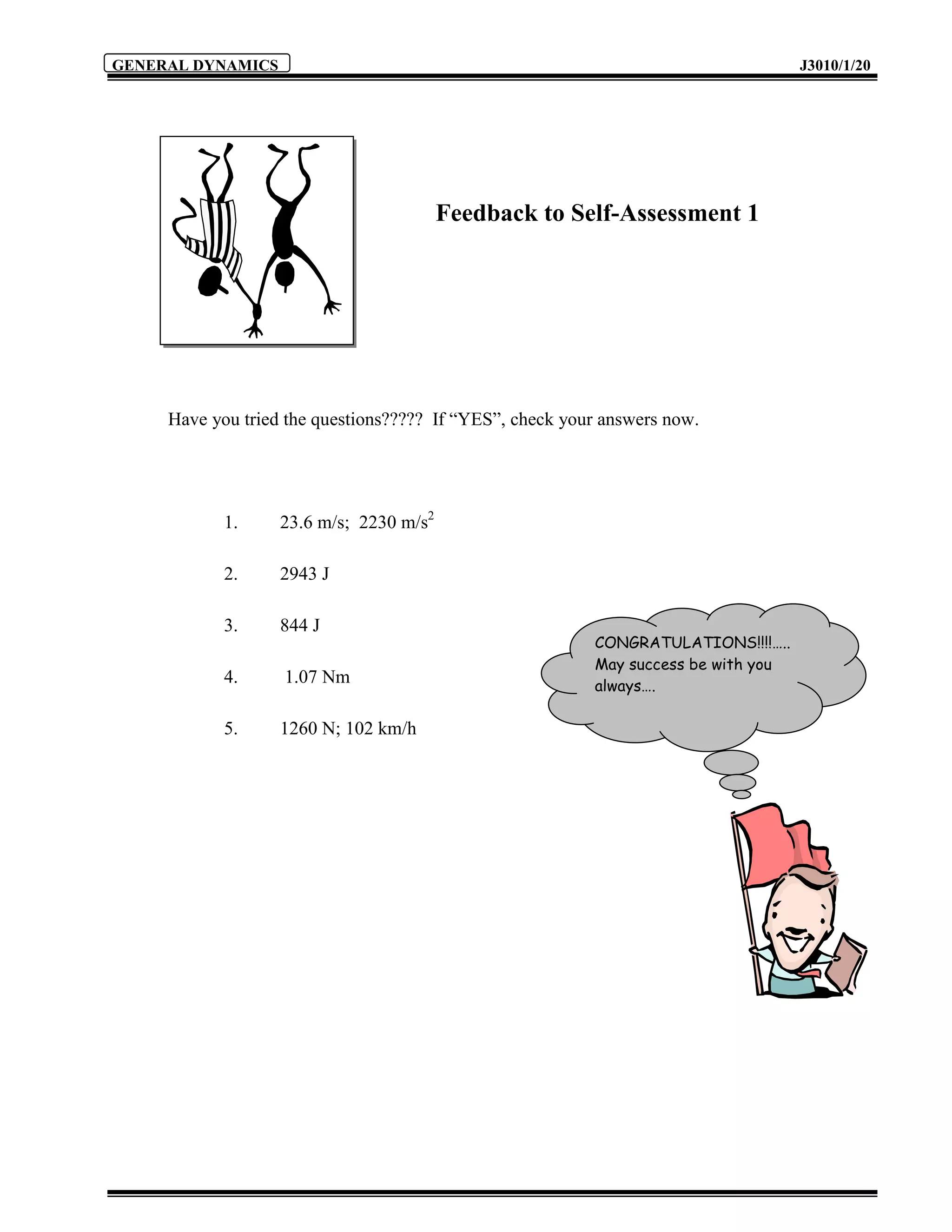 GENERAL DYNAMICS                                                                    J3010/1/20




                                         Feedback to Self-Assessment 1




     Have you tried the questions????? If “YES”, check your answers now.




            1.     23.6 m/s; 2230 m/s2

            2.     2943 J

            3.     844 J
                                                          CONGRATULATIONS!!!!…..
                                                          May success be with you
            4.     1.07 Nm                                always….

            5.     1260 N; 102 km/h
 
