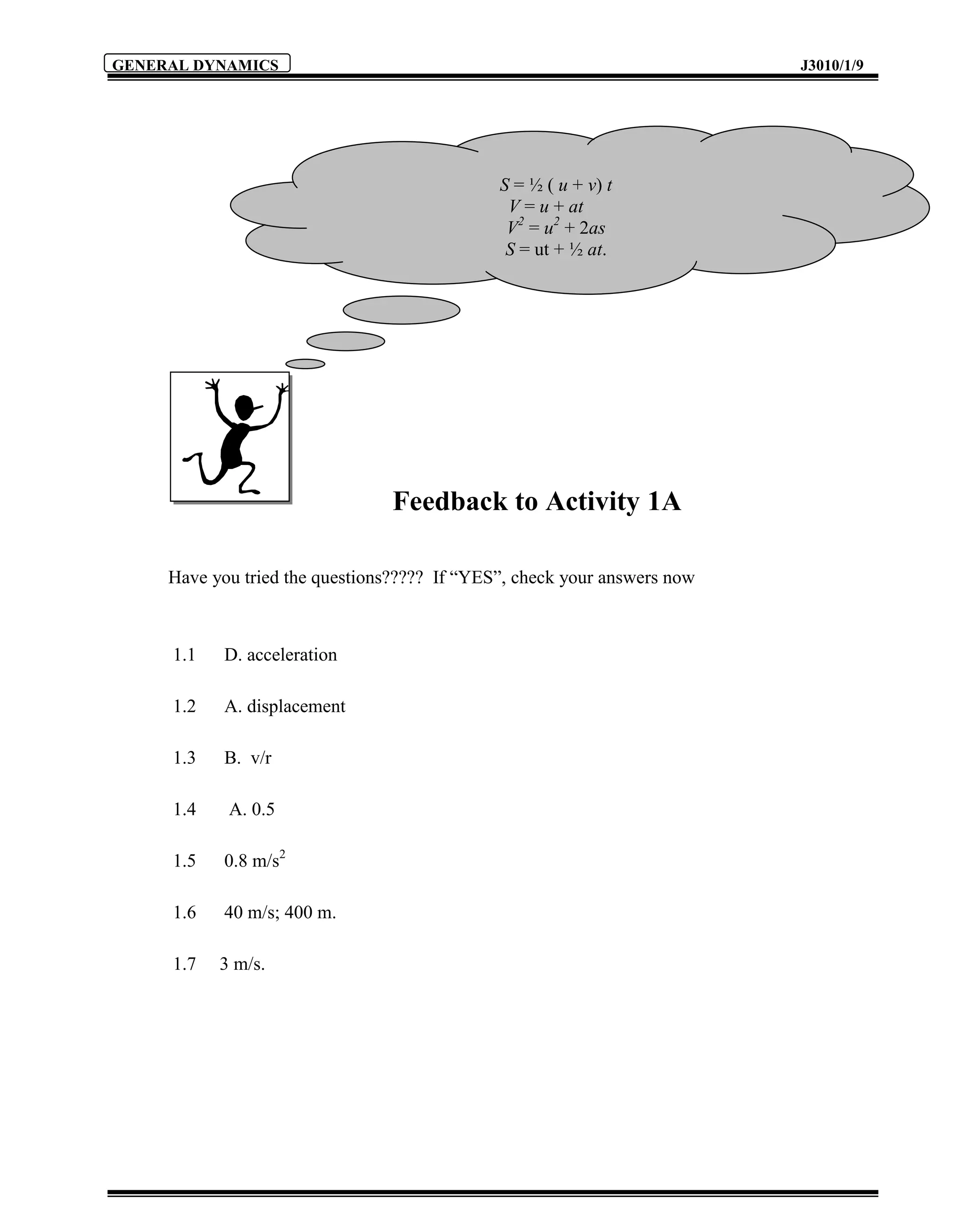 GENERAL DYNAMICS                                                          J3010/1/9




                                              S = ½ ( u + v) t
                                               V = u + at
                                               V2 = u2 + 2as
                                               S = ut + ½ at.




                                 Feedback to Activity 1A

     Have you tried the questions????? If “YES”, check your answers now



     1.1    D. acceleration

     1.2    A. displacement

     1.3    B. v/r

     1.4    A. 0.5

     1.5    0.8 m/s2

     1.6    40 m/s; 400 m.

     1.7   3 m/s.
 
