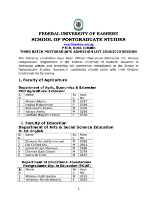 FEDERAL UNIVERSITY OF KASHERE
SCHOOL OF POSTGRADUATE STUDIES
www.fukashere.edu.ng
P.M.B, 0182, GOMBE
THIRD BATCH POSTGRADUATE ADMISSION LIST 2019/2020 SESSION
The following candidates have been Offered Provisional Admission into Various
Postgraduate Programmes of the Federal University of Kashere. Issuance of
Admission Letters and screening will commence immediately at the School of
Postgraduate Studies. Successful candidates should come with their Original
Credentials for Screening.
1. Faculty of Agriculture
Department of Agric. Economics & Extension
PGD Agricultural Extension
S/
N
Name Se
x
Appl.
No.
1 Ahmed Adamu M 0347
2 Hadiza Mohammed F 0346
3 Abdulkarim Adamu M 0036
4 Yahaya Aminu M 0556
5 Dantata Maryam Lamun F 0560
2. Faculty of Education
Department of Arts & Social Science Education
M. Ed. English
S/
N
Name Se
x
Form
No.
1 Zhakom Donald Emmanuel M 0084
2 Obi Clifford Otu M 0463
3 Japhet Ishaya Maiwayo M 0286
4 Cheman Gala Gideon M 0279
5 Sabi’u Ibrahim M 0472
Department of Educational Foundations
Postgraduate Dip. In Education (PGDE)
S/
N
Name Se
x
Appl.
No.
1. Milkman Ruth Gambo M 0262
2. Yohannah Panah Blessing F 0085
1
 
