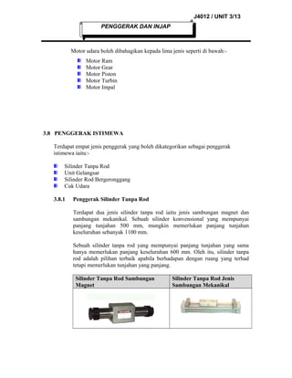 J4012 / UNIT 3/13
PENGGERAK DAN INJAP

Motor udara boleh dibahagikan kepada lima jenis seperti di bawah:Motor Ram
Motor Gear
Motor Piston
Motor Turbin
Motor Impal

3.8 PENGGERAK ISTIMEWA
Terdapat empat jenis penggerak yang boleh dikategorikan sebagai penggerak
istimewa iaitu:Silinder Tanpa Rod
Unit Gelangsar
Silinder Rod Bergeronggang
Cuk Udara
3.8.1

Penggerak Silinder Tanpa Rod
Terdapat dua jenis silinder tanpa rod iaitu jenis sambungan magnet dan
sambungan mekanikal. Sebuah silinder konvensional yang mempunyai
panjang tunjahan 500 mm, mungkin memerlukan panjang tunjahan
keseluruhan sebanyak 1100 mm.
Sebuah silinder tanpa rod yang mempunyai panjang tunjahan yang sama
hanya memerlukan panjang keseluruhan 600 mm. Oleh itu, silinder tanpa
rod adalah pilihan terbaik apabila berhadapan dengan ruang yang terhad
tetapi memerlukan tunjahan yang panjang.
Silinder Tanpa Rod Sambungan
Magnet

Silinder Tanpa Rod Jenis
Sambungan Mekanikal

 