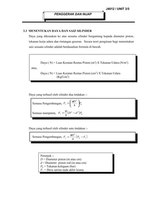 J4012 / UNIT 3/5
PENGGERAK DAN INJAP

3.3 MENENTUKAN DAYA DAN SAIZ SILINDER
Daya yang dikenakan ke atas sesuatu silinder bergantung kepada diameter piston,
tekanan kerja udara dan rintangan geseran. Secara teori pengiraan bagi menentukan
saiz sesuatu silinder adalah berdasarkan formula di bawah.

Daya ( N) = Luas Keratan Rentas Piston (m2) X Tekanan Udara (N/m2)
atau,
Daya ( N) = Luas Keratan Rentas Piston (cm2) X Tekanan Udara
(Kgf/cm2)

Daya yang terhasil oleh silinder dua tindakan : πD 2 

Semasa Pengembangan, Fe = 
 4 Pg



Semasa mampatan, Fr =

π

(D
4

2

− d 2 ) Pg

Daya yang terhasil oleh silinder satu tindakan :Semasa Pengembangan, Fe =

πD 2
4

(P

g

− Fs )

Petunjuk :D = Diameter piston (m atau cm)
d = Diameter piston rod (m atau cm)
Pg = Tekanan kelegaan (bar)
Fs = Daya spring pada akhir lejang

 