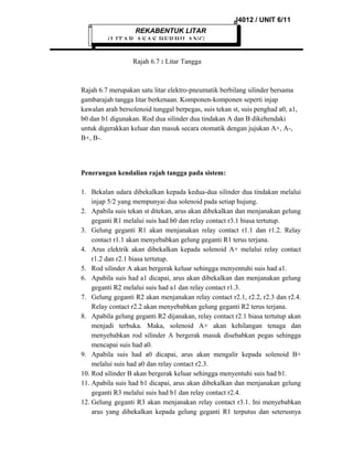 J4012 / UNIT 6/11
REKABENTUK LITAR

(LITAR ASAS BERBILANG
Rajah 6.7 : Litar Tangga

Rajah 6.7 merupakan satu litar elektro-pneumatik berbilang silinder bersama
gambarajah tangga litar berkenaan. Komponen-komponen seperti injap
kawalan arah bersolenoid tunggal berpegas, suis tekan st, suis penghad a0, a1,
b0 dan b1 digunakan. Rod dua silinder dua tindakan A dan B dikehendaki
untuk digerakkan keluar dan masuk secara otomatik dengan jujukan A+, A-,
B+, B-.

Penerangan kendalian rajah tangga pada sistem:
1. Bekalan udara dibekalkan kepada kedua-dua silinder dua tindakan melalui
injap 5/2 yang mempunyai dua solenoid pada setiap hujung.
2. Apabila suis tekan st ditekan, arus akan dibekalkan dan menjanakan gelung
geganti R1 melalui suis had b0 dan relay contact r3.1 biasa tertutup.
3. Gelung geganti R1 akan menjanakan relay contact r1.1 dan r1.2. Relay
contact r1.1 akan menyebabkan gelung geganti R1 terus terjana.
4. Arus elektrik akan dibekalkan kepada solenoid A+ melalui relay contact
r1.2 dan r2.1 biasa tertutup.
5. Rod silinder A akan bergerak keluar sehingga menyentuhi suis had a1.
6. Apabila suis had a1 dicapai, arus akan dibekalkan dan menjanakan gelung
geganti R2 melalui suis had a1 dan relay contact r1.3.
7. Gelung geganti R2 akan menjanakan relay contact r2.1, r2.2, r2.3 dan r2.4.
Relay contact r2.2 akan menyebabkan gelung geganti R2 terus terjana.
8. Apabila gelung geganti R2 dijanakan, relay contact r2.1 biasa tertutup akan
menjadi terbuka. Maka, solenoid A+ akan kehilangan tenaga dan
menyebabkan rod silinder A bergerak masuk disebabkan pegas sehingga
mencapai suis had a0.
9. Apabila suis had a0 dicapai, arus akan mengalir kepada solenoid B+
melalui suis had a0 dan relay contact r2.3.
10. Rod silinder B akan bergerak keluar sehingga menyentuhi suis had b1.
11. Apabila suis had b1 dicapai, arus akan dibekalkan dan menjanakan gelung
geganti R3 melalui suis had b1 dan relay contact r2.4.
12. Gelung geganti R3 akan menjanakan relay contact r3.1. Ini menyebabkan
arus yang dibekalkan kepada gelung geganti R1 terputus dan seterusnya

 