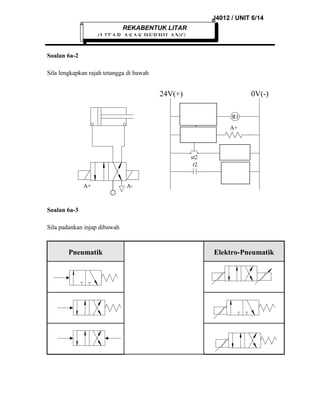 J4012 / UNIT 6/14
REKABENTUK LITAR

(LITAR ASAS BERBILANG
Soalan 6a-2
Sila lengkapkan rajah tetangga di bawah

24V(+)

0V(-)

st1
r1

st2
r2

A+

R1
A+

R2
A-

A-

Soalan 6a-3
Sila padankan injap dibawah

Pneumatik

Elektro-Pneumatik

 