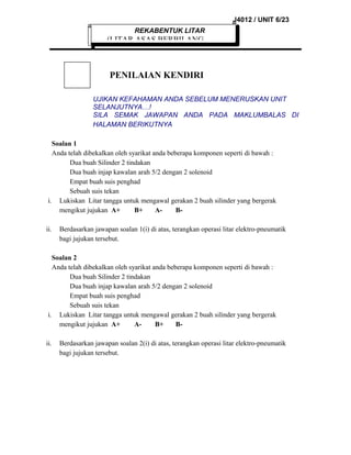 J4012 / UNIT 6/23
REKABENTUK LITAR

(LITAR ASAS BERBILANG

PENILAIAN KENDIRI
UJIKAN KEFAHAMAN ANDA SEBELUM MENERUSKAN UNIT
SELANJUTNYA…!
SILA SEMAK JAWAPAN ANDA PADA MAKLUMBALAS DI
HALAMAN BERIKUTNYA
Soalan 1
Anda telah dibekalkan oleh syarikat anda beberapa komponen seperti di bawah :
Dua buah Silinder 2 tindakan
Dua buah injap kawalan arah 5/2 dengan 2 solenoid
Empat buah suis penghad
Sebuah suis tekan
i. Lukiskan Litar tangga untuk mengawal gerakan 2 buah silinder yang bergerak
mengikut jujukan A+
B+
ABii.

Berdasarkan jawapan soalan 1(i) di atas, terangkan operasi litar elektro-pneumatik
bagi jujukan tersebut.

Soalan 2
Anda telah dibekalkan oleh syarikat anda beberapa komponen seperti di bawah :
Dua buah Silinder 2 tindakan
Dua buah injap kawalan arah 5/2 dengan 2 solenoid
Empat buah suis penghad
Sebuah suis tekan
i. Lukiskan Litar tangga untuk mengawal gerakan 2 buah silinder yang bergerak
mengikut jujukan A+
AB+
Bii.

Berdasarkan jawapan soalan 2(i) di atas, terangkan operasi litar elektro-pneumatik
bagi jujukan tersebut.

 