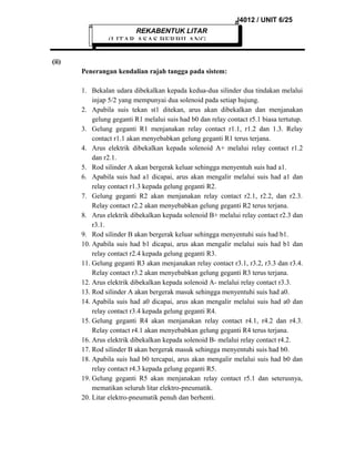 J4012 / UNIT 6/25
REKABENTUK LITAR

(LITAR ASAS BERBILANG
(ii)
Penerangan kendalian rajah tangga pada sistem:
1. Bekalan udara dibekalkan kepada kedua-dua silinder dua tindakan melalui
injap 5/2 yang mempunyai dua solenoid pada setiap hujung.
2. Apabila suis tekan st1 ditekan, arus akan dibekalkan dan menjanakan
gelung geganti R1 melalui suis had b0 dan relay contact r5.1 biasa tertutup.
3. Gelung geganti R1 menjanakan relay contact r1.1, r1.2 dan 1.3. Relay
contact r1.1 akan menyebabkan gelung geganti R1 terus terjana.
4. Arus elektrik dibekalkan kepada solenoid A+ melalui relay contact r1.2
dan r2.1.
5. Rod silinder A akan bergerak keluar sehingga menyentuh suis had a1.
6. Apabila suis had a1 dicapai, arus akan mengalir melalui suis had a1 dan
relay contact r1.3 kepada gelung geganti R2.
7. Gelung geganti R2 akan menjanakan relay contact r2.1, r2.2, dan r2.3.
Relay contact r2.2 akan menyebabkan gelung geganti R2 terus terjana.
8. Arus elektrik dibekalkan kepada solenoid B+ melalui relay contact r2.3 dan
r3.1.
9. Rod silinder B akan bergerak keluar sehingga menyentuhi suis had b1.
10. Apabila suis had b1 dicapai, arus akan mengalir melalui suis had b1 dan
relay contact r2.4 kepada gelung geganti R3.
11. Gelung geganti R3 akan menjanakan relay contact r3.1, r3.2, r3.3 dan r3.4.
Relay contact r3.2 akan menyebabkan gelung geganti R3 terus terjana.
12. Arus elektrik dibekalkan kepada solenoid A- melalui relay contact r3.3.
13. Rod silinder A akan bergerak masuk sehingga menyentuhi suis had a0.
14. Apabila suis had a0 dicapai, arus akan mengalir melalui suis had a0 dan
relay contact r3.4 kepada gelung geganti R4.
15. Gelung geganti R4 akan menjanakan relay contact r4.1, r4.2 dan r4.3.
Relay contact r4.1 akan menyebabkan gelung geganti R4 terus terjana.
16. Arus elektrik dibekalkan kepada solenoid B- melalui relay contact r4.2.
17. Rod silinder B akan bergerak masuk sehingga menyentuhi suis had b0.
18. Apabila suis had b0 tercapai, arus akan mengalir melalui suis had b0 dan
relay contact r4.3 kepada gelung geganti R5.
19. Gelung geganti R5 akan menjanakan relay contact r5.1 dan seterusnya,
mematikan seluruh litar elektro-pneumatik.
20. Litar elektro-pneumatik penuh dan berhenti.

 