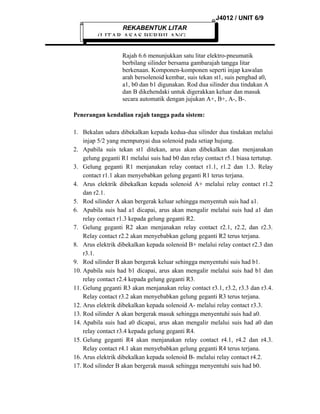 J4012 / UNIT 6/9
REKABENTUK LITAR

(LITAR ASAS BERBILANG
Rajah 6.6 menunjukkan satu litar elektro-pneumatik
berbilang silinder bersama gambarajah tangga litar
berkenaan. Komponen-komponen seperti injap kawalan
arah bersolenoid kembar, suis tekan st1, suis penghad a0,
a1, b0 dan b1 digunakan. Rod dua silinder dua tindakan A
dan B dikehendaki untuk digerakkan keluar dan masuk
secara automatik dengan jujukan A+, B+, A-, B-.
Penerangan kendalian rajah tangga pada sistem:
1. Bekalan udara dibekalkan kepada kedua-dua silinder dua tindakan melalui
injap 5/2 yang mempunyai dua solenoid pada setiap hujung.
2. Apabila suis tekan st1 ditekan, arus akan dibekalkan dan menjanakan
gelung geganti R1 melalui suis had b0 dan relay contact r5.1 biasa tertutup.
3. Gelung geganti R1 menjanakan relay contact r1.1, r1.2 dan 1.3. Relay
contact r1.1 akan menyebabkan gelung geganti R1 terus terjana.
4. Arus elektrik dibekalkan kepada solenoid A+ melalui relay contact r1.2
dan r2.1.
5. Rod silinder A akan bergerak keluar sehingga menyentuh suis had a1.
6. Apabila suis had a1 dicapai, arus akan mengalir melalui suis had a1 dan
relay contact r1.3 kepada gelung geganti R2.
7. Gelung geganti R2 akan menjanakan relay contact r2.1, r2.2, dan r2.3.
Relay contact r2.2 akan menyebabkan gelung geganti R2 terus terjana.
8. Arus elektrik dibekalkan kepada solenoid B+ melalui relay contact r2.3 dan
r3.1.
9. Rod silinder B akan bergerak keluar sehingga menyentuhi suis had b1.
10. Apabila suis had b1 dicapai, arus akan mengalir melalui suis had b1 dan
relay contact r2.4 kepada gelung geganti R3.
11. Gelung geganti R3 akan menjanakan relay contact r3.1, r3.2, r3.3 dan r3.4.
Relay contact r3.2 akan menyebabkan gelung geganti R3 terus terjana.
12. Arus elektrik dibekalkan kepada solenoid A- melalui relay contact r3.3.
13. Rod silinder A akan bergerak masuk sehingga menyentuhi suis had a0.
14. Apabila suis had a0 dicapai, arus akan mengalir melalui suis had a0 dan
relay contact r3.4 kepada gelung geganti R4.
15. Gelung geganti R4 akan menjanakan relay contact r4.1, r4.2 dan r4.3.
Relay contact r4.1 akan menyebabkan gelung geganti R4 terus terjana.
16. Arus elektrik dibekalkan kepada solenoid B- melalui relay contact r4.2.
17. Rod silinder B akan bergerak masuk sehingga menyentuhi suis had b0.

 