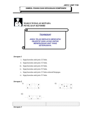 J4012 / UNIT 7/39
SIMBOL PIAWAI DAN KEGUNAAN KOMPONEN

MAKLUM BALAS KEPADA
PENILAIAN KENDIRI

TAHNIAH!
ANDA TELAH BERJAYA MENCAPAI
OBJEKTIF DAN LAYAK UNTUK
MENERUSKAN UNIT YANG
SETERUSNYA.

Jawapan 1
i. Injap kawalan arah jenis 2/2 hala.
ii. Injap kawalan arah jenis 3/2 hala.
iii. Injap kawalan arah jenis 4/2 hala.
iv. Injap kawalan arah jenis 5/2 hala.
v. Injap kawalan arah jenis 3/3 hala solenoid berpegas.
vi. Injap kawalan arah jenis 5/3 hala.
Jawapan 2

i)

iii)

Jawapan 3

ii)

 