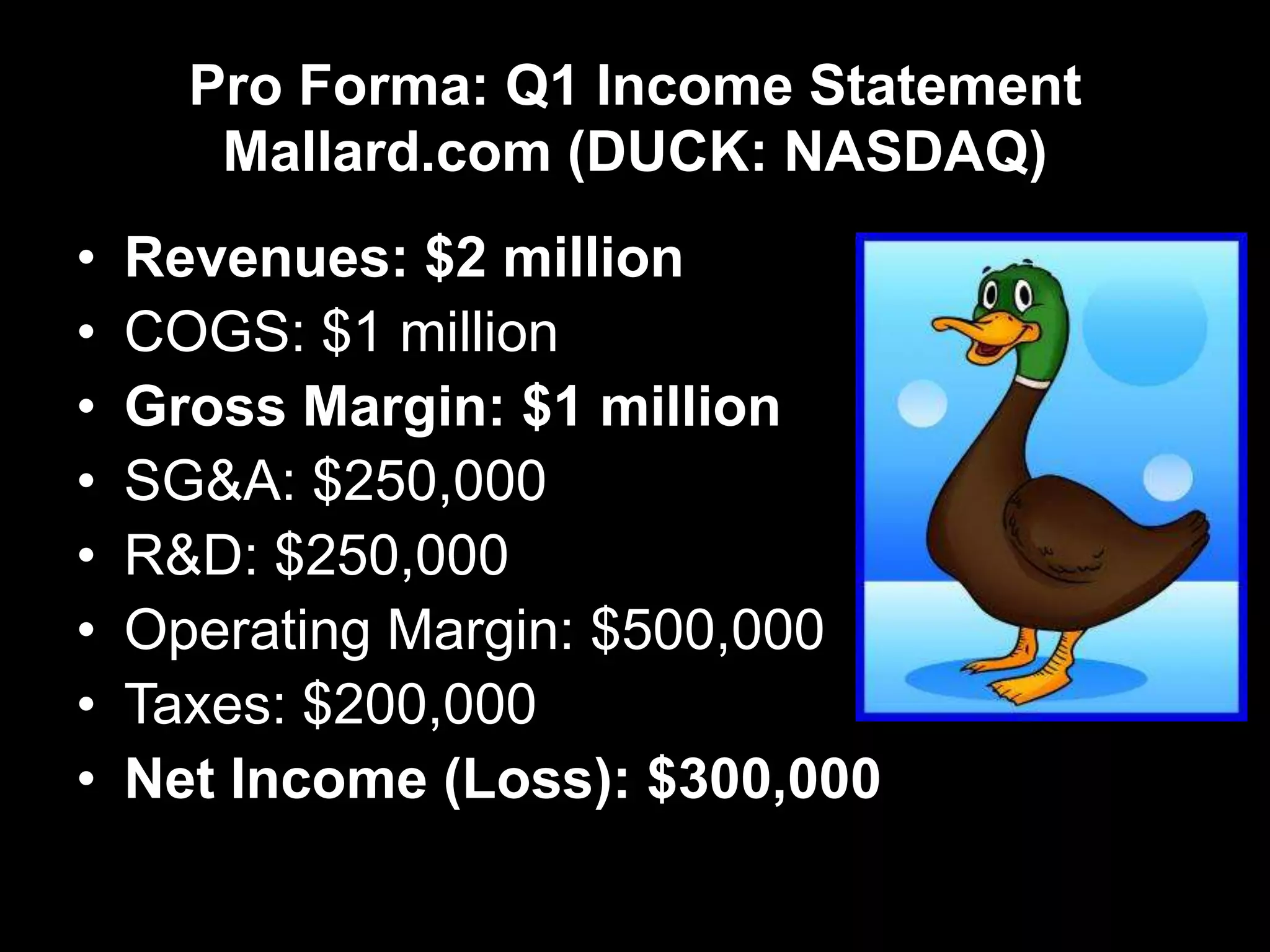 Pro Forma: Q1 Income Statement
Mallard.com (DUCK: NASDAQ)
• Revenues: $2 million
• COGS: $1 million
• Gross Margin: $1 million
• SG&A: $250,000
• R&D: $250,000
• Operating Margin: $500,000
• Taxes: $200,000
• Net Income (Loss): $300,000
 