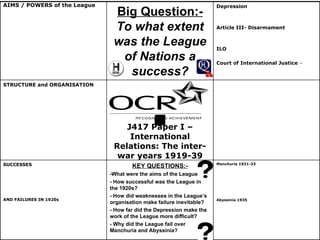 J417 Paper I – International Relations: The inter-war years 1919-39 AIMS / POWERS of the League Manchuria 1931-33 Abyssinia 1935 KEY QUESTIONS:- -What were the aims of the League? - How successful was the League in the 1920s? - How did weaknesses in the League’s organisation make failure inevitable? - How far did the Depression make the work of the League more difficult? - Why did the League fail over Manchuria and Abyssinia? SUCCESSES  AND FAILURES IN 1920s STRUCTURE and ORGANISATION Depression   Article III- Disarmament ILO Court of International Justice  –  Big Question:- To what extent was the League of Nations a success? 