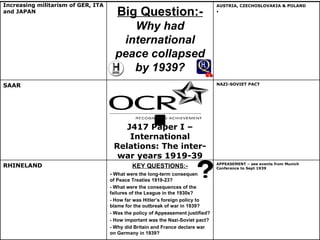 J417 Paper I – International Relations: The inter-war years 1919-39 Increasing militarism of GER, ITA and JAPAN APPEASEMENT – see events from Munich Conference to Sept 1939 KEY QUESTIONS:- -  What were the long-term consequences of Peace Treaties 1919-23? - What were the consequences of the failures of the League in the 1930s? - How far was Hitler’s foreign policy to blame for the outbreak of war in 1939? - Was the policy of Appeasement justified? - How important was the Nazi-Soviet pact?  - Why did Britain and France declare war on Germany in 1939? RHINELAND NAZI-SOVIET PACT SAAR AUSTRIA, CZECHOSLOVAKIA & POLAND Big Question:- Why had international peace collapsed by 1939? 