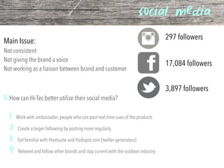 social media
Main Issue:
Not consistent
Not giving the brand a voice
Not working as a liaison between brand and customer
Q:How can Hi-Tec better utilize their social media?
1 Work with ambassador, people who can post real time uses of the products
2 Create a larger following by posting more regularly
3 Get familiar with Hootsuite and Hubspot.com [twitter generators]
4 Retweet and follow other brands and stay current with the outdoor industry
297 followers
17,084 followers
3,897 followers
 