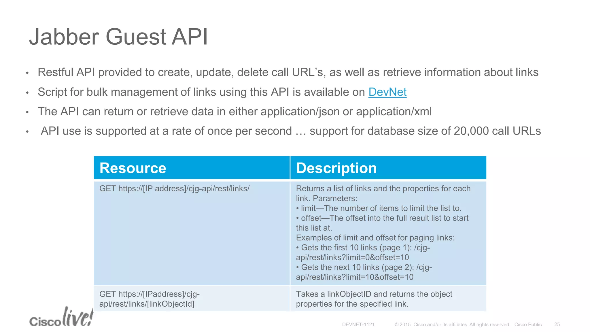 Jabber Guest API
• Restful API provided to create, update, delete call URL’s, as well as retrieve information about links
• Script for bulk management of links using this API is available on DevNet
• The API can return or retrieve data in either application/json or application/xml
• API use is supported at a rate of once per second … support for database size of 20,000 call URLs
Resource Description
GET https://[IP address]/cjg-api/rest/links/ Returns a list of links and the properties for each
link. Parameters:
• limit—The number of items to limit the list to.
• offset—The offset into the full result list to start
this list at.
Examples of limit and offset for paging links:
• Gets the first 10 links (page 1): /cjg-
api/rest/links?limit=0&offset=10
• Gets the next 10 links (page 2): /cjg-
api/rest/links?limit=10&offset=10
GET https://[IPaddress]/cjg-
api/rest/links/[linkObjectId]
Takes a linkObjectID and returns the object
properties for the specified link.
 