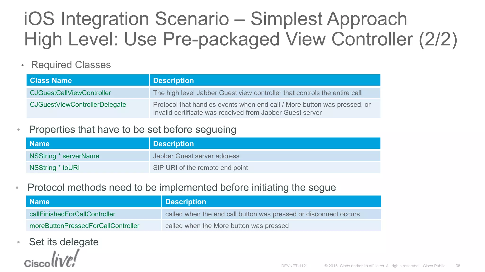 iOS Integration Scenario – Simplest Approach
High Level: Use Pre-packaged View Controller (2/2)
• Required Classes
Class Name Description
CJGuestCallViewController The high level Jabber Guest view controller that controls the entire call
CJGuestViewControllerDelegate Protocol that handles events when end call / More button was pressed, or
Invalid certificate was received from Jabber Guest server
Name Description
NSString * serverName Jabber Guest server address
NSString * toURI SIP URI of the remote end point
Name Description
callFinishedForCallController called when the end call button was pressed or disconnect occurs
moreButtonPressedForCallController called when the More button was pressed
• Properties that have to be set before segueing
• Protocol methods need to be implemented before initiating the segue
• Set its delegate
 