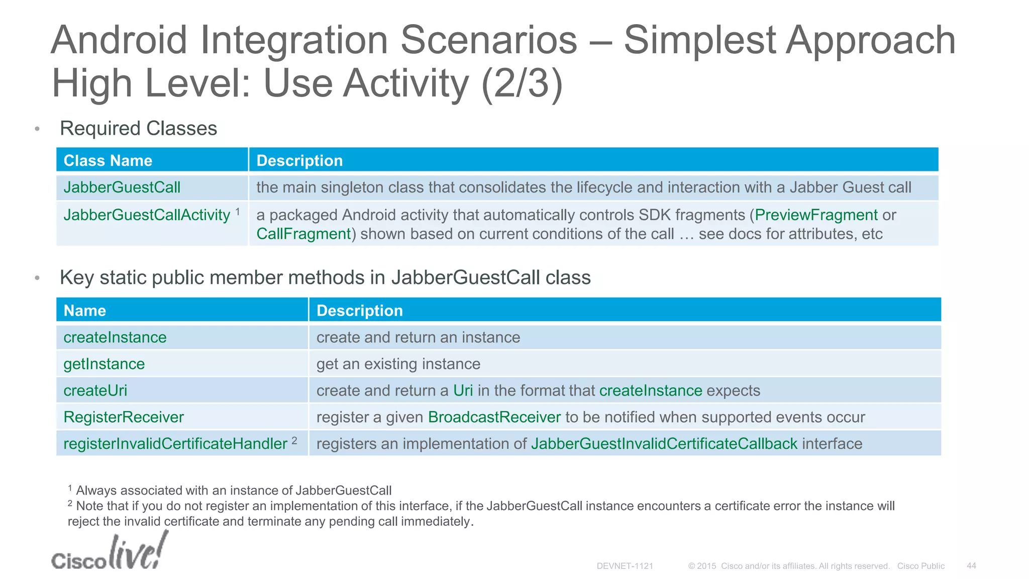 Android Integration Scenarios – Simplest Approach
High Level: Use Activity (2/3)
• Required Classes
Class Name Description
JabberGuestCall the main singleton class that consolidates the lifecycle and interaction with a Jabber Guest call
JabberGuestCallActivity 1 a packaged Android activity that automatically controls SDK fragments (PreviewFragment or
CallFragment) shown based on current conditions of the call … see docs for attributes, etc
Name Description
createInstance create and return an instance
getInstance get an existing instance
createUri create and return a Uri in the format that createInstance expects
RegisterReceiver register a given BroadcastReceiver to be notified when supported events occur
registerInvalidCertificateHandler 2 registers an implementation of JabberGuestInvalidCertificateCallback interface
• Key static public member methods in JabberGuestCall class
1 Always associated with an instance of JabberGuestCall
2 Note that if you do not register an implementation of this interface, if the JabberGuestCall instance encounters a certificate error the instance will
reject the invalid certificate and terminate any pending call immediately.
 