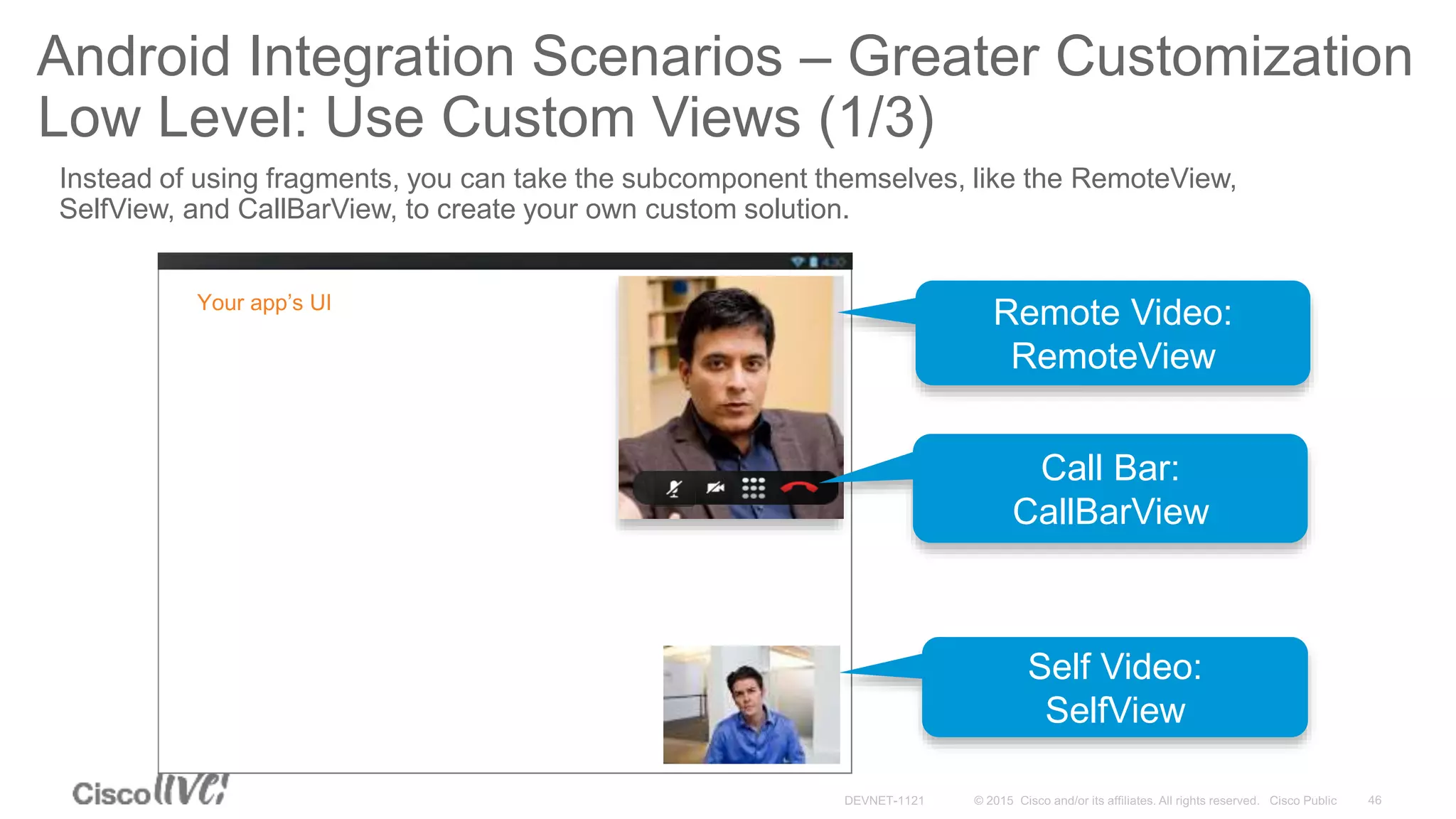 Your app’s UI Live Video
Support
Android Integration Scenarios – Greater Customization
Low Level: Use Custom Views (1/3)
Instead of using fragments, you can take the subcomponent themselves, like the RemoteView,
SelfView, and CallBarView, to create your own custom solution.
Self Video:
SelfView
Remote Video:
RemoteView
Call Bar:
CallBarView
 