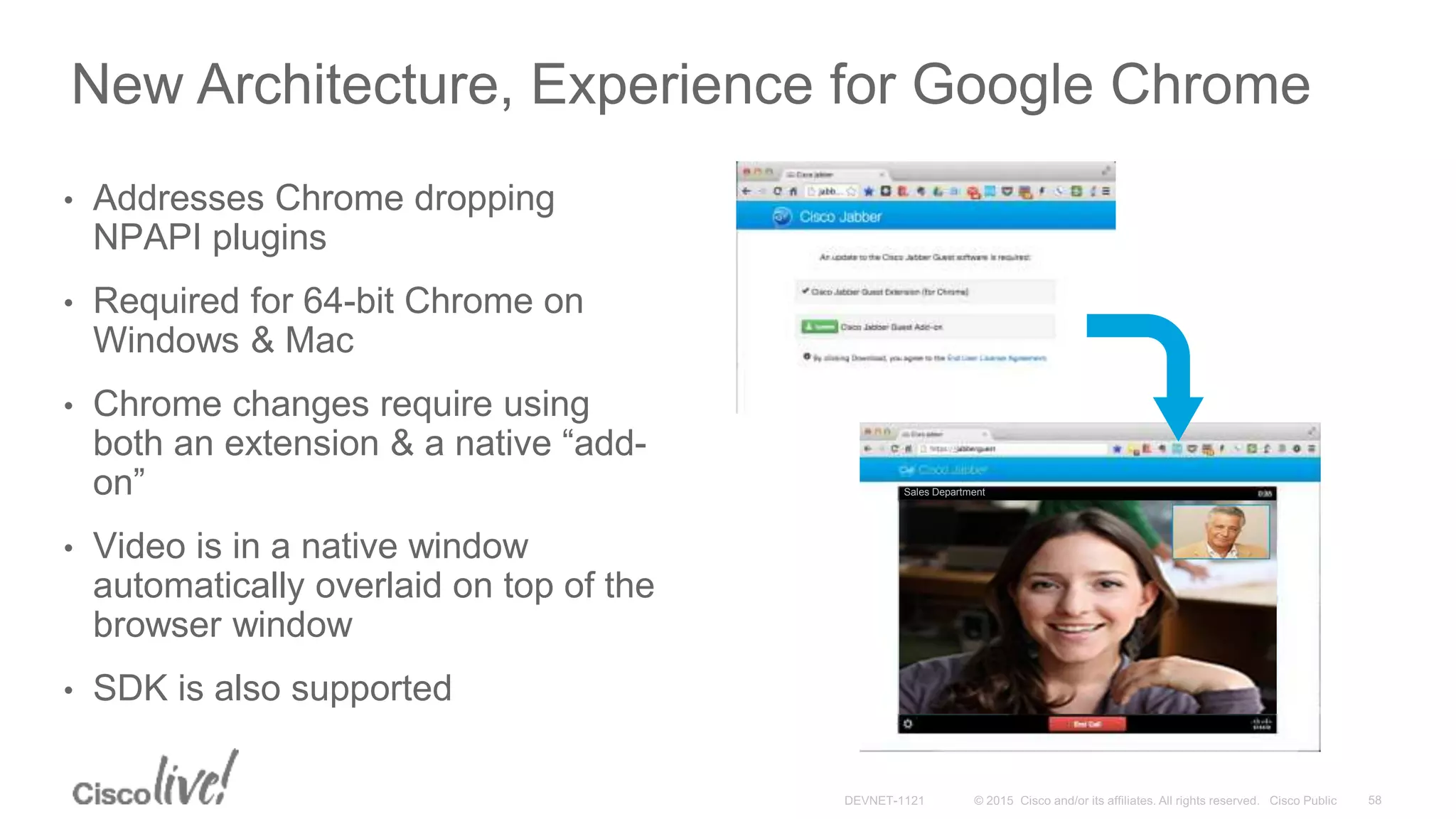 New Architecture, Experience for Google Chrome
• Addresses Chrome dropping
NPAPI plugins
• Required for 64-bit Chrome on
Windows & Mac
• Chrome changes require using
both an extension & a native “add-
on”
• Video is in a native window
automatically overlaid on top of the
browser window
• SDK is also supported
Sales Department
 