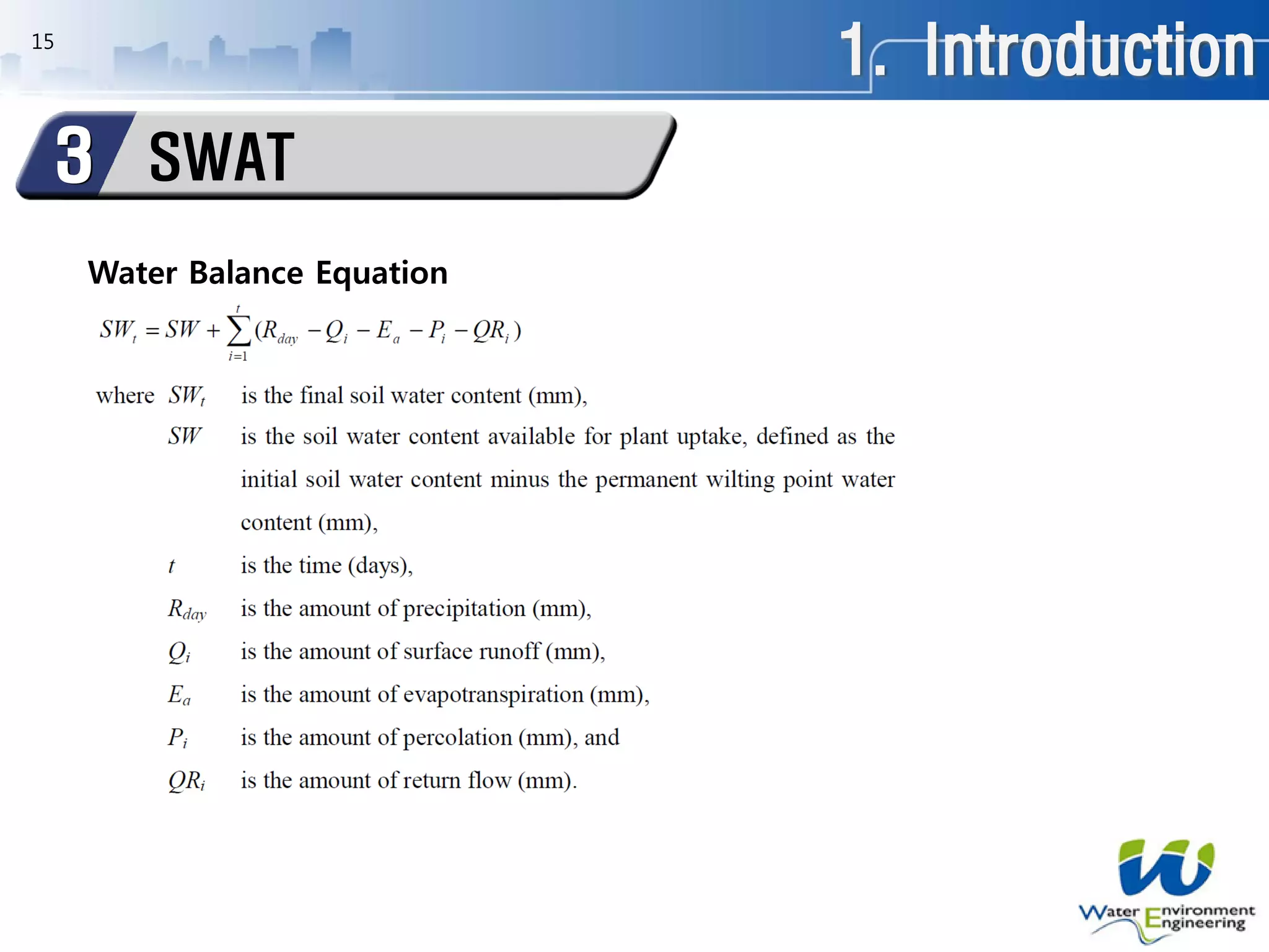 Water Balance Equation
1. Introduction
SWAT3
15
 