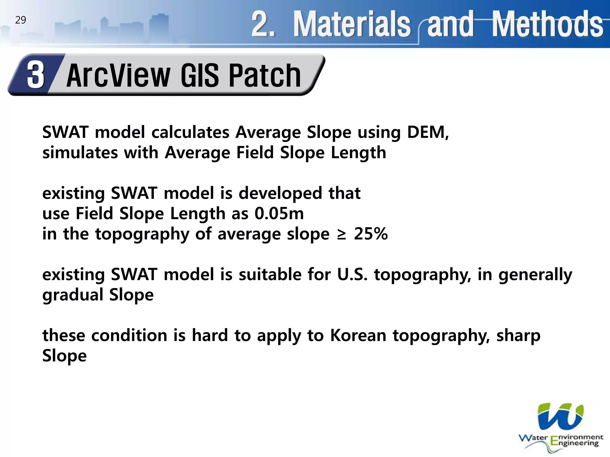 29
ArcView GIS Patch3
SWAT model calculates Average Slope using DEM,
simulates with Average Field Slope Length
existing SWAT model is developed that
use Field Slope Length as 0.05m
in the topography of average slope ≥ 25%
existing SWAT model is suitable for U.S. topography, in generally
gradual Slope
these condition is hard to apply to Korean topography, sharp
Slope
2. Materials and Methods
 