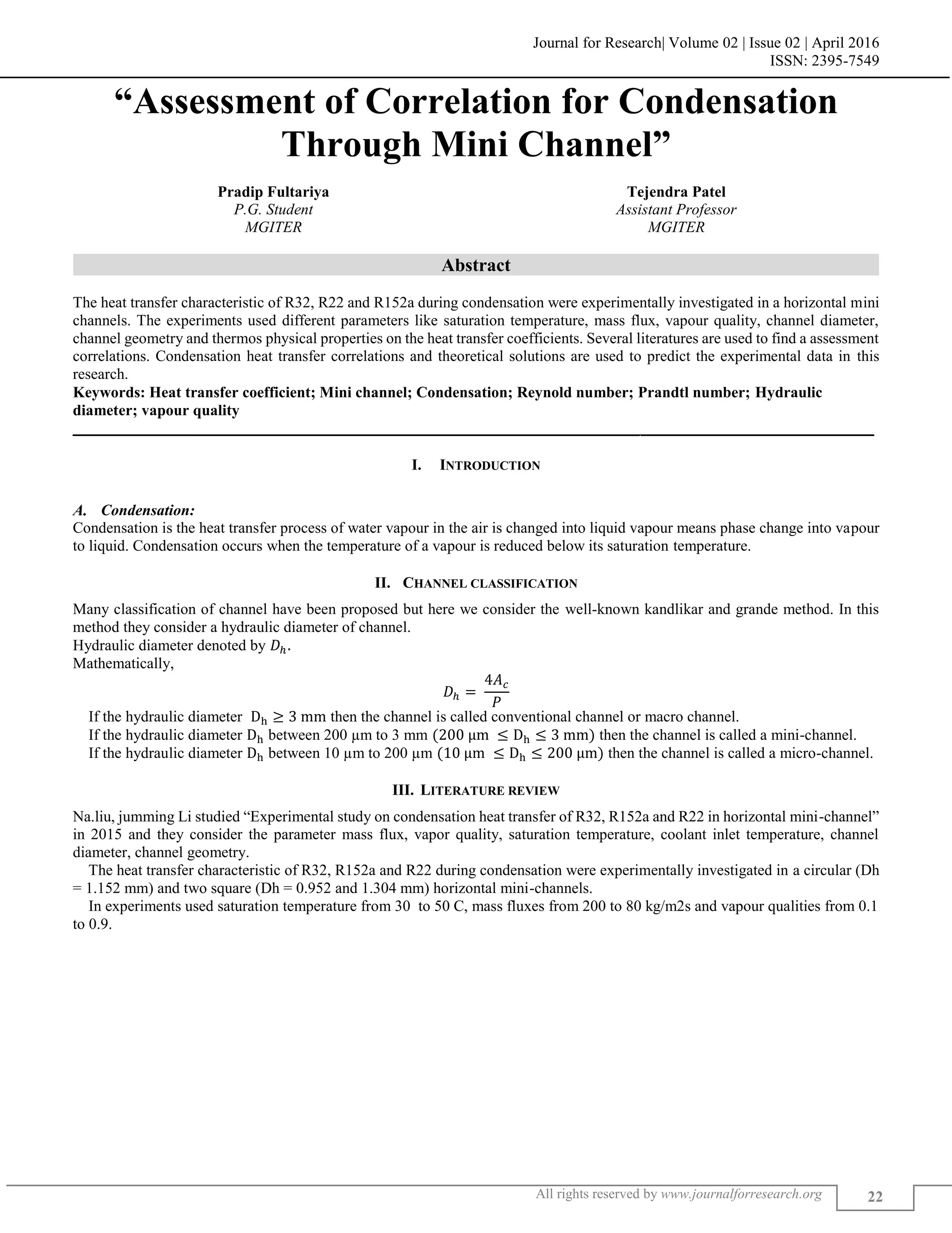 ASSESSMENT OF CORRELATION FOR CONDENSATION HEAT TRANSFER THROUGH MINI ...