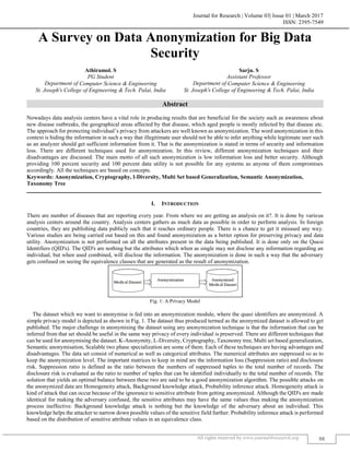 Journal for Research | Volume 03| Issue 01 | March 2017
ISSN: 2395-7549
All rights reserved by www.journal4research.org 88
A Survey on Data Anonymization for Big Data
Security
Athiramol. S Sarju. S
PG Student Assistant Professor
Department of Computer Science & Engineering Department of Computer Science & Engineering
St. Joseph's College of Engineering & Tech. Palai, India St. Joseph's College of Engineering & Tech. Palai, India
Abstract
Nowadays data analysis centers have a vital role in producing results that are beneficial for the society such as awareness about
new disease outbreaks, the geographical areas affected by that disease, which aged people is mostly infected by that disease etc.
The approach for protecting individual’s privacy from attackers are well known as anonymization. The word anonymization in this
context is hiding the information in such a way that illegitimate user should not be able to infer anything while legitimate user such
as an analyzer should get sufficient information from it. That is the anonymization is stated in terms of security and information
loss. There are different techniques used for anonymization. In this review, different anonymization techniques and their
disadvantages are discussed. The main motto of all such anonymization is low information loss and better security. Although
providing 100 percent security and 100 percent data utility is not possible for any systems as anyone of them compromises
accordingly. All the techniques are based on concepts.
Keywords: Anonymization, Cryptography, l-Diversity, Multi Set based Generalization, Semantic Anonymization,
Taxonomy Tree
_______________________________________________________________________________________________________
I. INTRODUCTION
There are number of diseases that are reporting every year. From where we are getting an analysis on it?. It is done by various
analysis centers around the country. Analysis centers gathers as much data as possible in order to perform analysis. In foreign
countries, they are publishing data publicly such that it reaches ordinary people. There is a chance to get it misused any way.
Various studies are being carried out based on this and found anonymization as a better option for preserving privacy and data
utility. Anonymization is not performed on all the attributes present in the data being published. It is done only on the Quasi
Identifiers (QID's). The QID's are nothing but the attributes which when as single may not disclose any information regarding an
individual, but when used combined, will disclose the information. The anonymization is done in such a way that the adversary
gets confused on seeing the equivalence classes that are generated as the result of anonymization.
Fig. 1: A Privacy Model
The dataset which we want to anonymise is fed into an anonymization module, where the quasi identifiers are anonymized. A
simple privacy model is depicted as shown in Fig. 1. The dataset thus produced termed as the anonymized dataset is allowed to get
published. The major challenge in anonymising the dataset using any anonymization technique is that the information that can be
inferred from that set should be useful in the same way privacy of every individual is preserved. There are different techniques that
can be used for anonymising the dataset. K-Anonymity, L-Diversity, Cryptography, Taxonomy tree, Multi set based generalization,
Semantic anonymisation, Scalable two phase specialization are some of them. Each of these techniques are having advantages and
disadvantages. The data set consist of numerical as well as categorical attributes. The numerical attributes are suppressed so as to
keep the anonymization level. The important matrices to keep in mind are the information loss (Suppression ratio) and disclosure
risk. Suppression ratio is defined as the ratio between the numbers of suppressed tuples to the total number of records. The
disclosure risk is evaluated as the ratio to number of tuples that can be identified individually to the total number of records. The
solution that yields an optimal balance between these two are said to be a good anonymization algorithm. The possible attacks on
the anonymized data are Homogeneity attack, Background knowledge attack, Probability inference attack. Homogeneity attack is
kind of attack that can occur because of the ignorance to sensitive attribute from getting anonymized. Although the QID's are made
identical for making the adversary confused, the sensitive attributes may have the same values thus making the anonymization
process ineffective. Background knowledge attack is nothing but the knowledge of the adversary about an individual. This
knowledge helps the attacker to narrow down possible values of the sensitive field further. Probability inference attack is performed
based on the distribution of sensitive attribute values in an equivalence class.
 