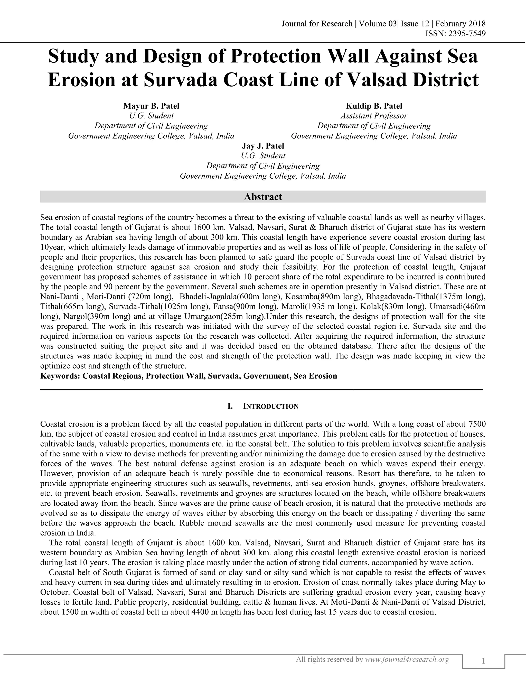STUDY AND DESIGN OF PROTECTION WALL AGAINST SEA EROSION AT SURVADA ...