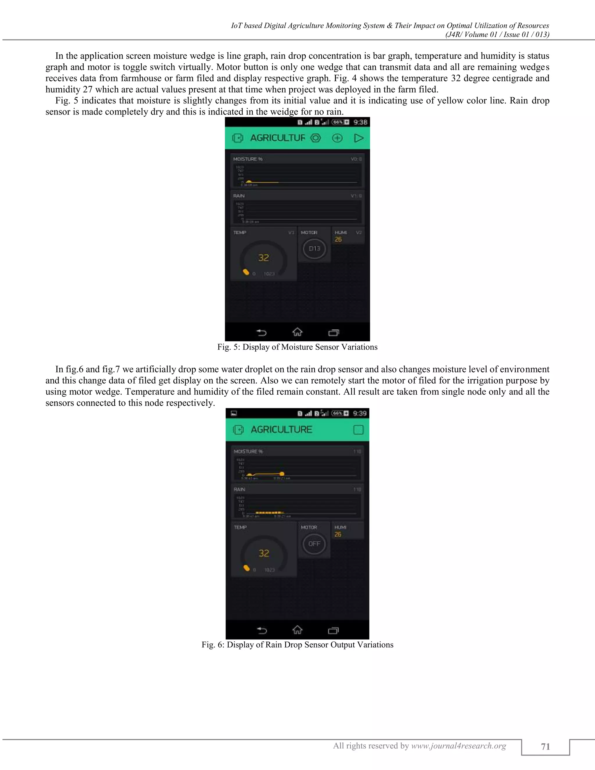 IoT based Digital Agriculture Monitoring System & Their Impact on Optimal Utilization of Resources
(J4R/ Volume 01 / Issue 01 / 013)
All rights reserved by www.journal4research.org 71
In the application screen moisture wedge is line graph, rain drop concentration is bar graph, temperature and humidity is status
graph and motor is toggle switch virtually. Motor button is only one wedge that can transmit data and all are remaining wedges
receives data from farmhouse or farm filed and display respective graph. Fig. 4 shows the temperature 32 degree centigrade and
humidity 27 which are actual values present at that time when project was deployed in the farm filed.
Fig. 5 indicates that moisture is slightly changes from its initial value and it is indicating use of yellow color line. Rain drop
sensor is made completely dry and this is indicated in the weidge for no rain.
Fig. 5: Display of Moisture Sensor Variations
In fig.6 and fig.7 we artificially drop some water droplet on the rain drop sensor and also changes moisture level of environment
and this change data of filed get display on the screen. Also we can remotely start the motor of filed for the irrigation purpose by
using motor wedge. Temperature and humidity of the filed remain constant. All result are taken from single node only and all the
sensors connected to this node respectively.
Fig. 6: Display of Rain Drop Sensor Output Variations
 