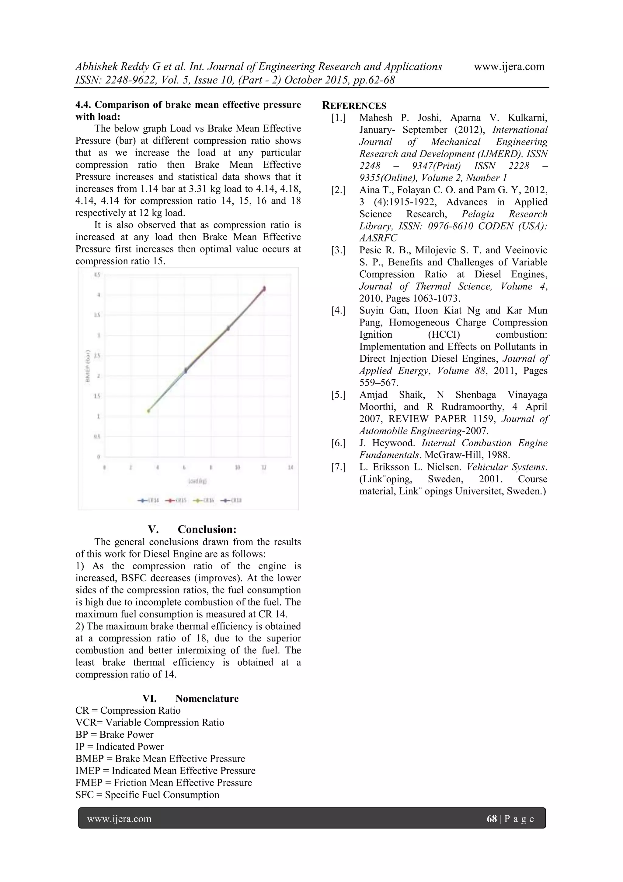 Abhishek Reddy G et al. Int. Journal of Engineering Research and Applications www.ijera.com
ISSN: 2248-9622, Vol. 5, Issue 10, (Part - 2) October 2015, pp.62-68
www.ijera.com 68 | P a g e
4.4. Comparison of brake mean effective pressure
with load:
The below graph Load vs Brake Mean Effective
Pressure (bar) at different compression ratio shows
that as we increase the load at any particular
compression ratio then Brake Mean Effective
Pressure increases and statistical data shows that it
increases from 1.14 bar at 3.31 kg load to 4.14, 4.18,
4.14, 4.14 for compression ratio 14, 15, 16 and 18
respectively at 12 kg load.
It is also observed that as compression ratio is
increased at any load then Brake Mean Effective
Pressure first increases then optimal value occurs at
compression ratio 15.
V. Conclusion:
The general conclusions drawn from the results
of this work for Diesel Engine are as follows:
1) As the compression ratio of the engine is
increased, BSFC decreases (improves). At the lower
sides of the compression ratios, the fuel consumption
is high due to incomplete combustion of the fuel. The
maximum fuel consumption is measured at CR 14.
2) The maximum brake thermal efficiency is obtained
at a compression ratio of 18, due to the superior
combustion and better intermixing of the fuel. The
least brake thermal efficiency is obtained at a
compression ratio of 14.
VI. Nomenclature
CR = Compression Ratio
VCR= Variable Compression Ratio
BP = Brake Power
IP = Indicated Power
BMEP = Brake Mean Effective Pressure
IMEP = Indicated Mean Effective Pressure
FMEP = Friction Mean Effective Pressure
SFC = Specific Fuel Consumption
REFERENCES
[1.] Mahesh P. Joshi, Aparna V. Kulkarni,
January- September (2012), International
Journal of Mechanical Engineering
Research and Development (IJMERD), ISSN
2248 – 9347(Print) ISSN 2228 –
9355(Online), Volume 2, Number 1
[2.] Aina T., Folayan C. O. and Pam G. Y, 2012,
3 (4):1915-1922, Advances in Applied
Science Research, Pelagia Research
Library, ISSN: 0976-8610 CODEN (USA):
AASRFC
[3.] Pesic R. B., Milojevic S. T. and Veeinovic
S. P., Benefits and Challenges of Variable
Compression Ratio at Diesel Engines,
Journal of Thermal Science, Volume 4,
2010, Pages 1063-1073.
[4.] Suyin Gan, Hoon Kiat Ng and Kar Mun
Pang, Homogeneous Charge Compression
Ignition (HCCI) combustion:
Implementation and Effects on Pollutants in
Direct Injection Diesel Engines, Journal of
Applied Energy, Volume 88, 2011, Pages
559–567.
[5.] Amjad Shaik, N Shenbaga Vinayaga
Moorthi, and R Rudramoorthy, 4 April
2007, REVIEW PAPER 1159, Journal of
Automobile Engineering-2007.
[6.] J. Heywood. Internal Combustion Engine
Fundamentals. McGraw-Hill, 1988.
[7.] L. Eriksson L. Nielsen. Vehicular Systems.
(Link¨oping, Sweden, 2001. Course
material, Link¨ opings Universitet, Sweden.)
 