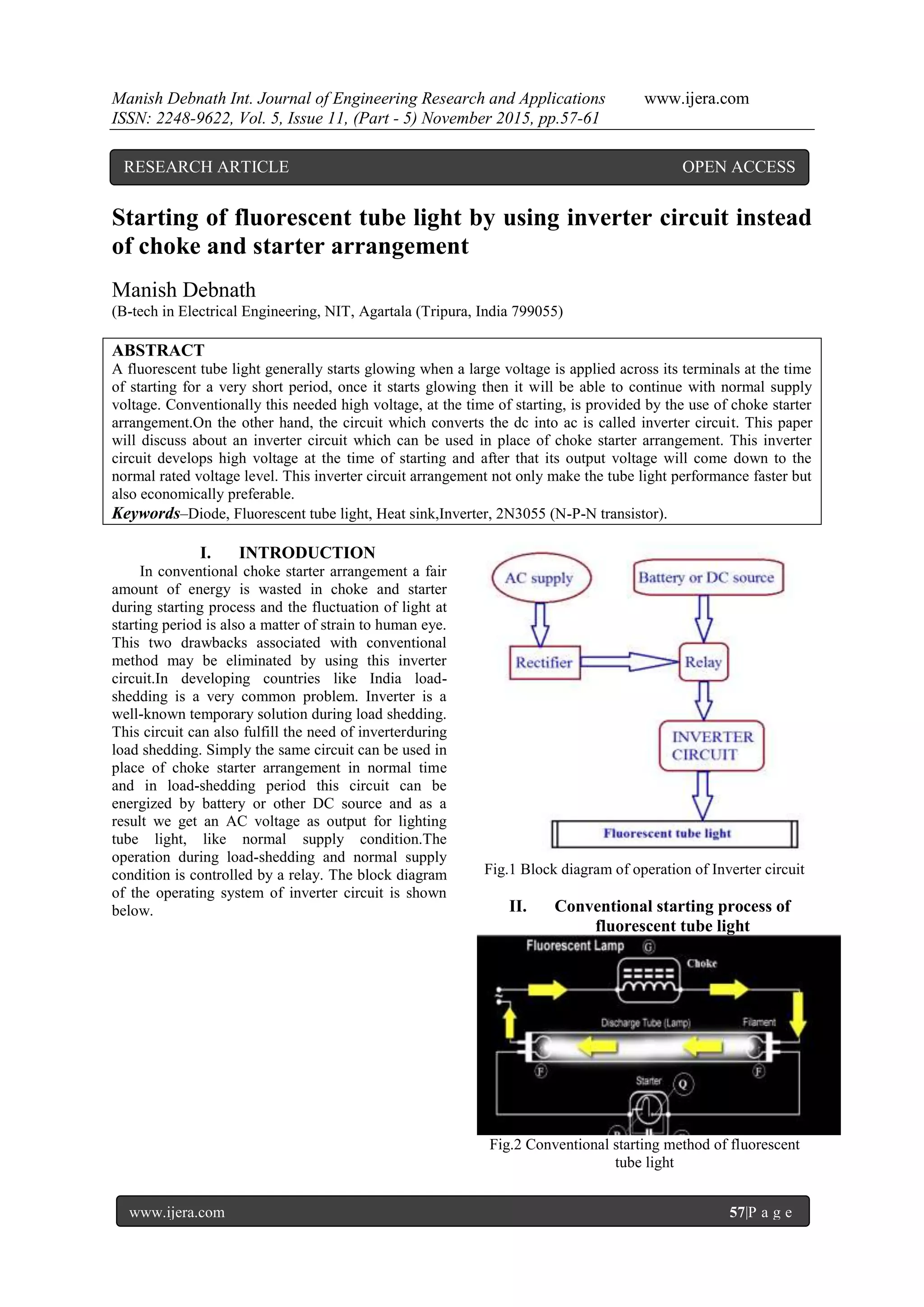 Starting of fluorescent tube light by using inverter circuit instead of