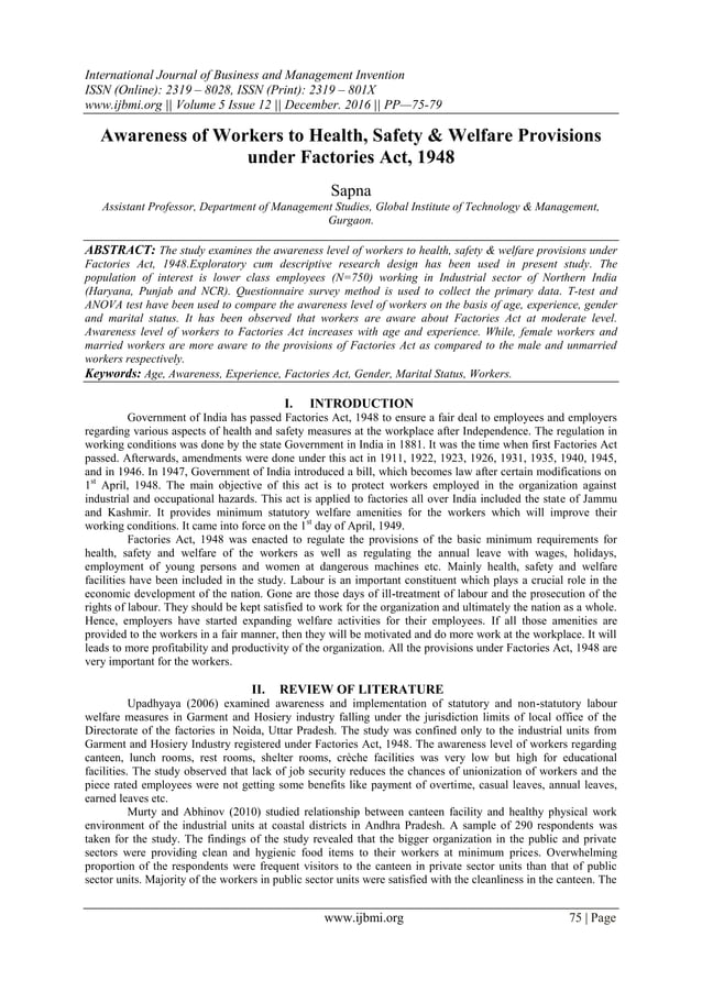 Awareness of Workers to Health, Safety & Welfare Provisions under