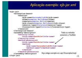 Aplicação exemplo: ejb-jar.xml
<ejb-jar>
<enterprise-beans>
<session>
<ejb-name>SecureHelloEJB</ejb-name>
<home>examples.HelloHome</home>
<remote>examples.Hello</remote>
<ejb-class>examples.HelloBean</ejb-class>
<session-type>Stateless</session-type>
<transaction-type>Container</transaction-type>
</session>
</enterprise-beans>
<assembly-descriptor>
Todos os métodos
<security-role>
acessíveis a TestRole
<role-name>TestRole</role-name>
</security-role>
<method-permission>
<role-name>TestRole</role-name>
<method>
<ejb-name>SecureHelloEJB</ejb-name>
<method-name>*</method-name>
</method>
</method-permission>
Veja código exemplo em cap13/exemplos/mejb
</assembly-descriptor>
</ejb-jar>

15

 