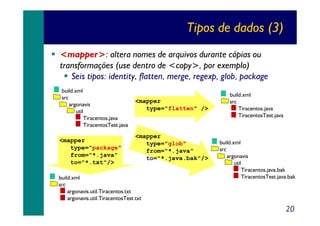 Tipos de dados (3)
<mapper>: altera nomes de arquivos durante cópias ou
transformações (use dentro de <copy>, por exemplo)
Seis tipos: identity, flatten, merge, regexp, glob, package
build.xml
src
argonavis
util
Tiracentos.java
TiracentosTest.java

<mapper
type="package"
from="*.java"
to="*.txt"/>

<mapper
type="flatten" />

<mapper
type="glob"
from="*.java"
to="*.java.bak"/>

build.xml
src
argonavis.util.Tiracentos.txt
argonavis.util.TiracentosTest.txt

build.xml
src
Tiracentos.java
TiracentosTest.java

build.xml
src
argonavis
util
Tiracentos.java.bak
TiracentosTest.java.bak

20

 