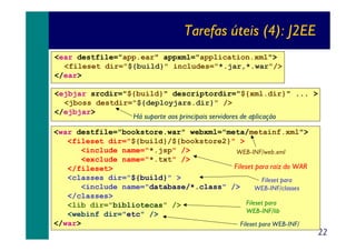 Tarefas úteis (4): J2EE
<ear destfile="app.ear" appxml="application.xml">
<fileset dir="${build}" includes="*.jar,*.war"/>
</ear>
<ejbjar srcdir="${build}" descriptordir="${xml.dir}" ... >
<jboss destdir="${deployjars.dir}" />
</ejbjar>
Há suporte aos principais servidores de aplicação
<war destfile="bookstore.war" webxml="meta/metainf.xml">
<fileset dir="${build}/${bookstore2}" >
<include name="*.jsp" />
WEB-INF/web.xml
<exclude name="*.txt" />
Fileset para raiz do WAR
</fileset>
<classes dir="${build}" >
Fileset para
<include name="database/*.class" />
WEB-INF/classes
</classes>
Fileset para
<lib dir="bibliotecas" />
WEB-INF/lib
<webinf dir="etc" />
</war>
Fileset para WEB-INF/

22

 
