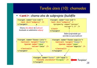 Tarefas úteis (10): chamadas
<ant>: chama alvo de subprojeto (buildfile
<target name="run-sub">
<target name="run-sub">
externo)
<ant dir="subproj" />
</target>
Chama alvo default de build.xml
localizado no subdiretório subproj/

<ant dir="subproj" >
<property name="versao"
value="1.0" />
</ant>
</target>
Define propriedade que
será lida no outro build.xml

<target name="fazer-isto">
<antcall target="fazer">
<param name="oque"
value="isto" />
</antcall>
</target>

<target name="fazer-aquilo">
<antcall target="fazer">
<param name="oque"
value="aquilo" />
</antcall>
</target>

<antcall>: chama alvo local

<target name="fazer" if="oque">
<tarefa atributo="${oque}" />
</target>

Template!

28

 