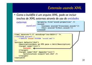 Extensão usando XML
Como o buildfile é um arquivo XML, pode-se incluir
trechos de XML externos através do uso de entidades
<property file="sound.properties" />
externas
<property file="sound.properties" />
<sound>
sound.xml

<sound>
<success source="${success.sound}"/>
<success source="${success.sound}"/>
<fail source="${fail.sound}"/>
<fail source="${fail.sound}"/>
</sound>
</sound>

<?xml version="1.0" encoding="iso-8859-1" ?>
<?xml version="1.0" encoding="iso-8859-1" ?>
<!DOCTYPE project [
<!DOCTYPE project [
<!ENTITY sound SYSTEM "sound.xml">
<!ENTITY sound SYSTEM "sound.xml">
]>
]>
<project default="dtd">
<project default="dtd">
<description>Gera um DTD para o Ant</description>
<description>Gera um DTD para o Ant</description>
<target name="init">
<target name="init">

&sound;
&sound;

</target>
</target>
<target name="dtd" depends="init">
<target name="dtd" depends="init">
<antstructure output="ant.dtd" />
<antstructure output="ant.dtd" />
</target>
</target>
</project>
</project>

30

 