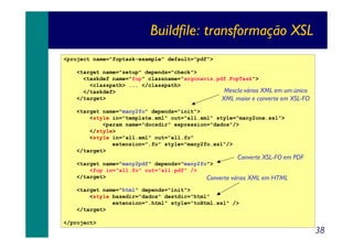 Buildfile: transformação XSL
<project name="foptask-example" default="pdf">
<target name="setup" depends="check">
<taskdef name="fop" classname="argonavis.pdf.FopTask">
<classpath> ... </classpath>
Mescla vários XML em um único
</taskdef>
</target>
XML maior e converte em XSL-FO
<target name="many2fo" depends="init">
<style in="template.xml" out="all.xml" style="many2one.xsl">
<param name="docsdir" expression="dados"/>
</style>
<style in="all.xml" out="all.fo"
extension=".fo" style="many2fo.xsl"/>
</target>

Converte XSL-FO em PDF

<target name="many2pdf" depends="many2fo">
<fop in="all.fo" out="all.pdf" />
</target>
Converte

vários XML em HTML

<target name="html" depends="init">
<style basedir="dados" destdir="html"
extension=".html" style="toHtml.xsl" />
</target>
</project>

38

 